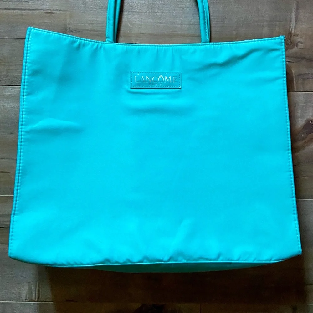 Lancome Tote Bag in Turquoise with Black and White Polka Dot Lining